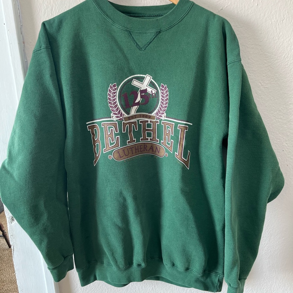 Bethel Lutheran USA made Vintage Medium Green Crewneck Sweater for Men
